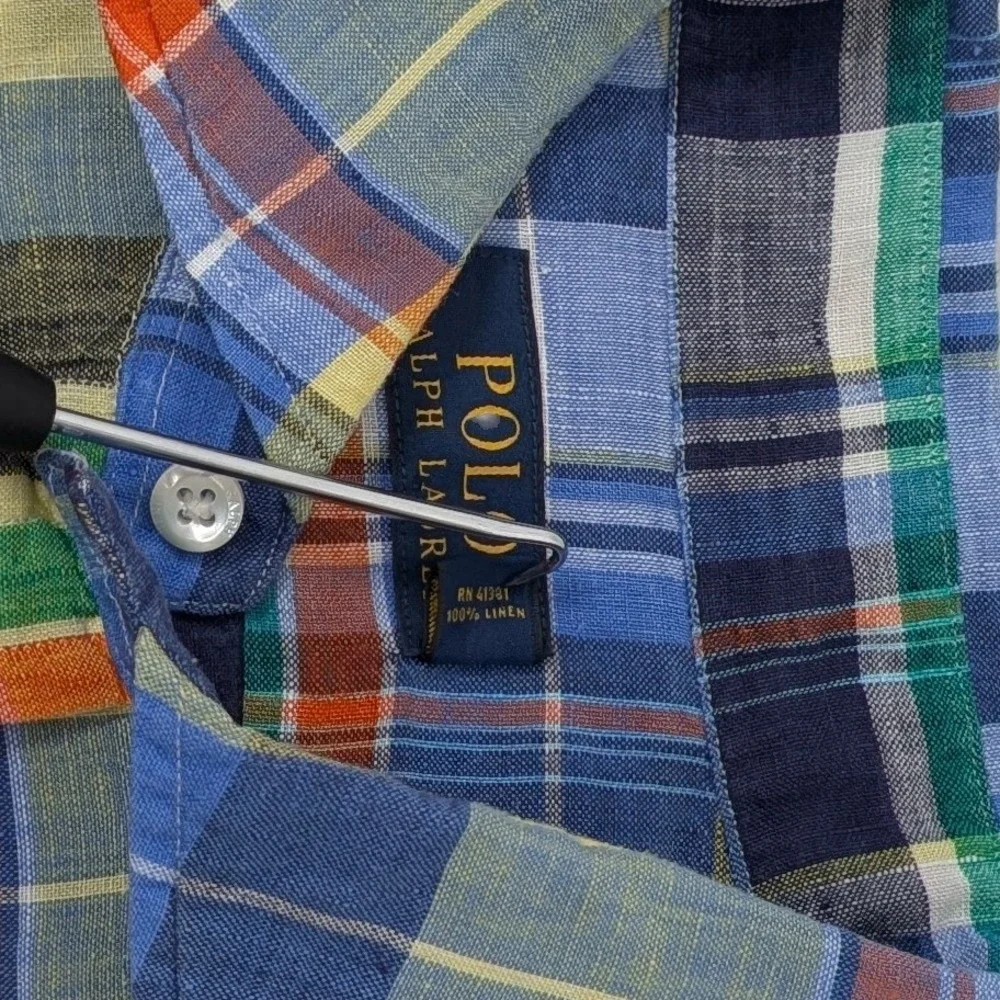 Polo Ralph Lauren Linen Button Up Shirt Mens Large Multicolor Plaid Long Sleeve - Picture 6 of 11